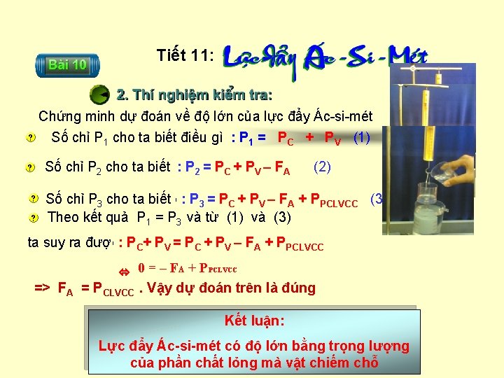 Tiết 11: Chứng minh dự đoán về độ lớn của lực đẩy Ác-si-mét Số