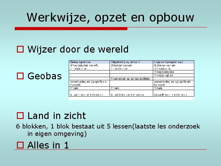 Werkwijze, opzet en opbouw o Wijzer door de wereld o Geobas o Land in