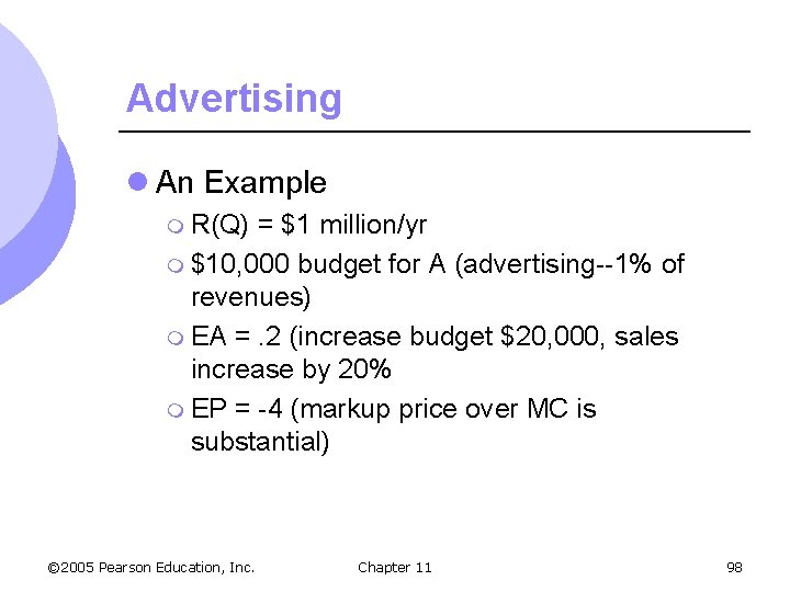 Advertising l An Example m R(Q) = $1 million/yr m $10, 000 budget for