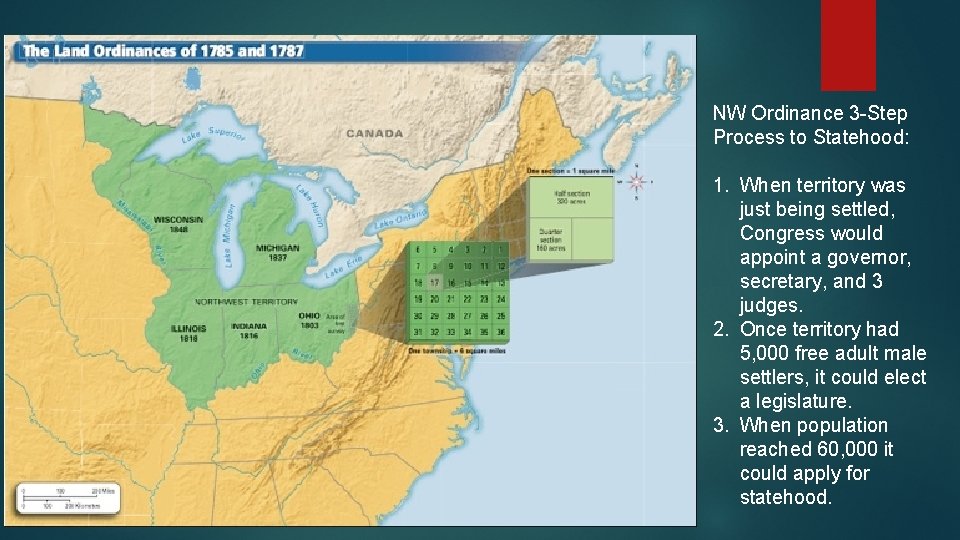 NW Ordinance 3 -Step Process to Statehood: 1. When territory was just being settled,