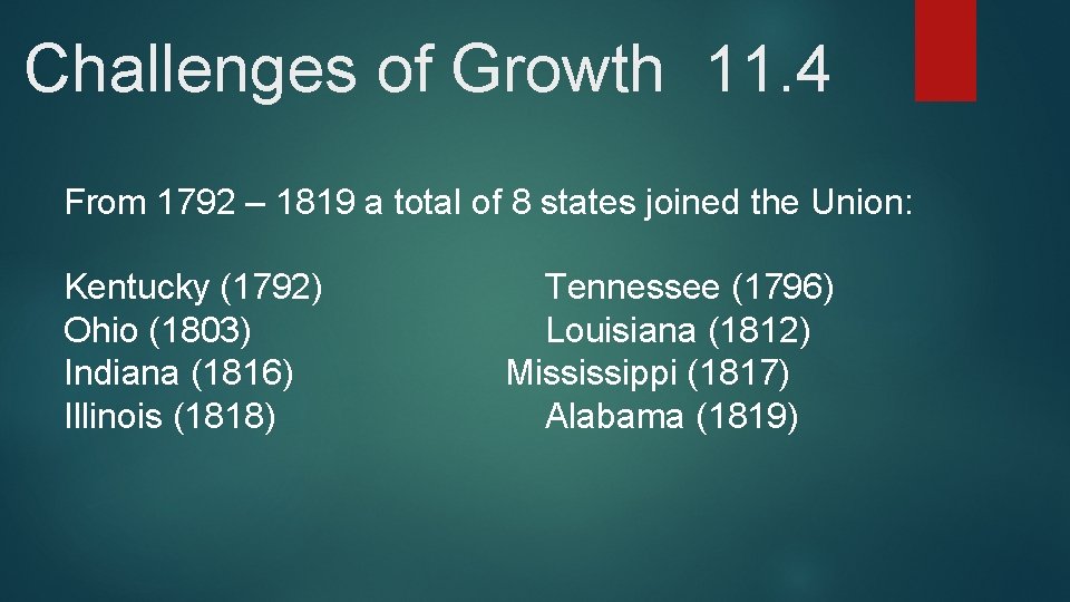 Challenges of Growth 11. 4 From 1792 – 1819 a total of 8 states