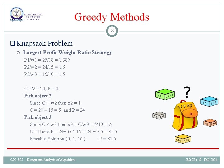 Greedy Methods 8 q Knapsack Problem Largest Profit-Weight Ratio Strategy P 1/w 1 =