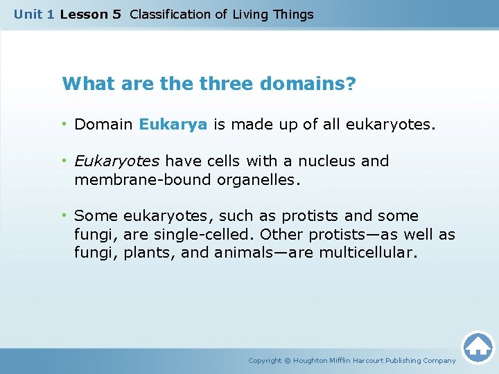 Unit 1 Lesson 5 Classification of Living Things What are three domains? • Domain