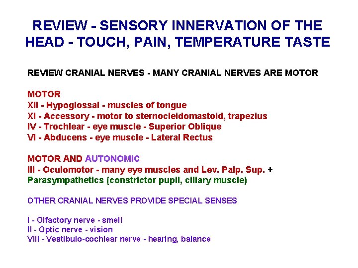 REVIEW - SENSORY INNERVATION OF THE HEAD - TOUCH, PAIN, TEMPERATURE TASTE REVIEW CRANIAL