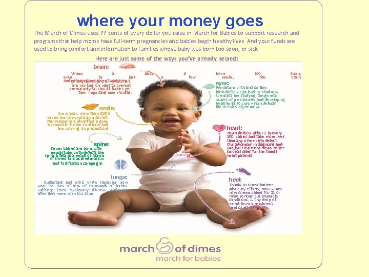 where your money goes The March of Dimes uses 77 cents of every dollar