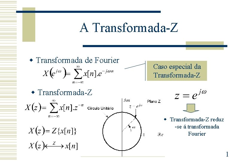 A Transformada-Z w Transformada de Fourier Caso especial da Transformada-Z w Transformada-Z reduz -se