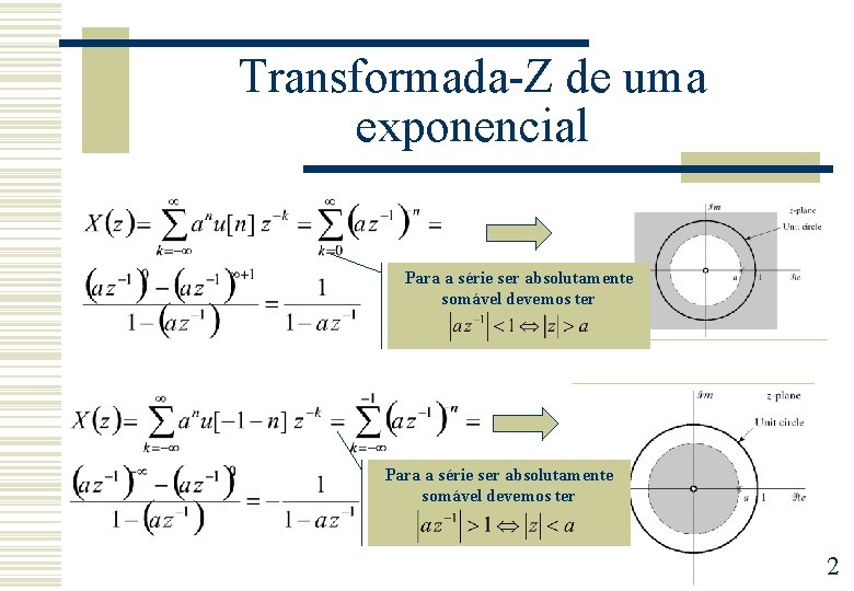 Transformada-Z de uma exponencial Para a série ser absolutamente somável devemos ter 2 