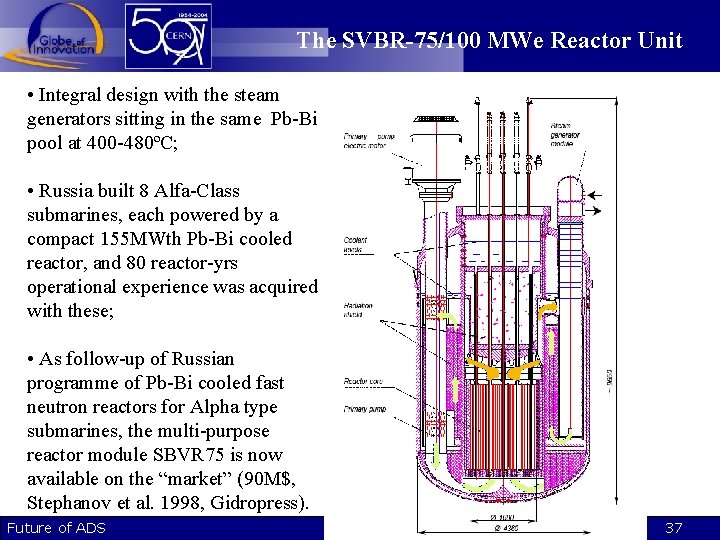 The SVBR-75/100 MWe Reactor Unit • Integral design with the steam generators sitting in