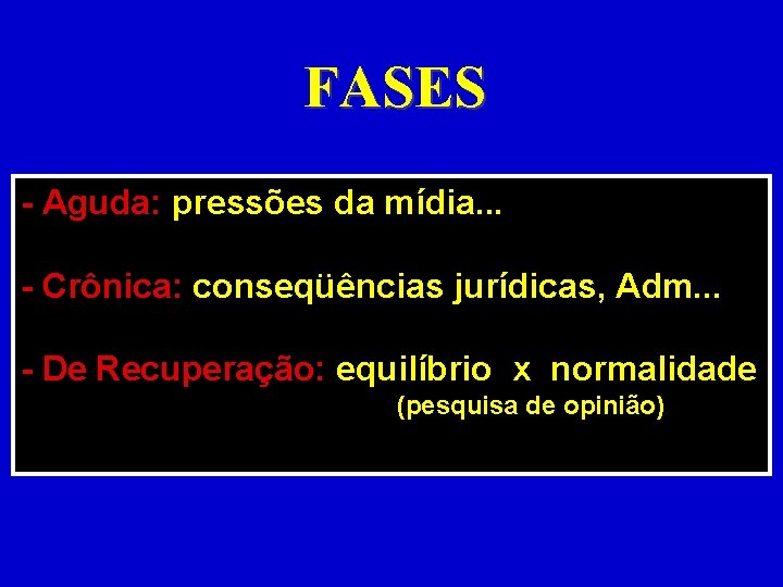 FASES - Aguda: pressões da mídia. . . - Crônica: conseqüências jurídicas, Adm. .