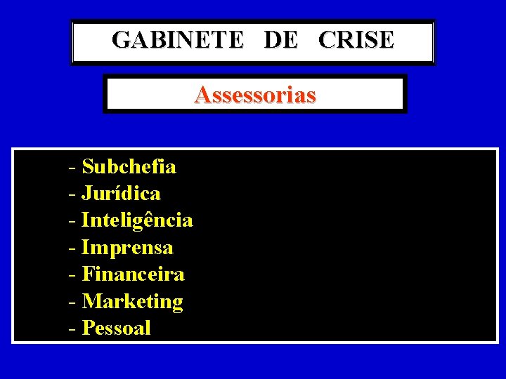 GABINETE DE CRISE Assessorias - Subchefia - Jurídica - Inteligência - Imprensa - Financeira