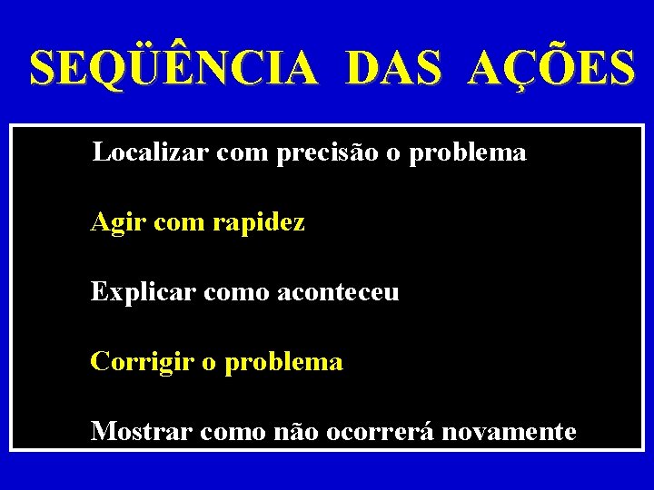 SEQÜÊNCIA DAS AÇÕES Localizar com precisão o problema Agir com rapidez Explicar como aconteceu SEQÜÊNCIA DAS AÇÕES Localizar com precisão o problema Agir com rapidez Explicar como aconteceu