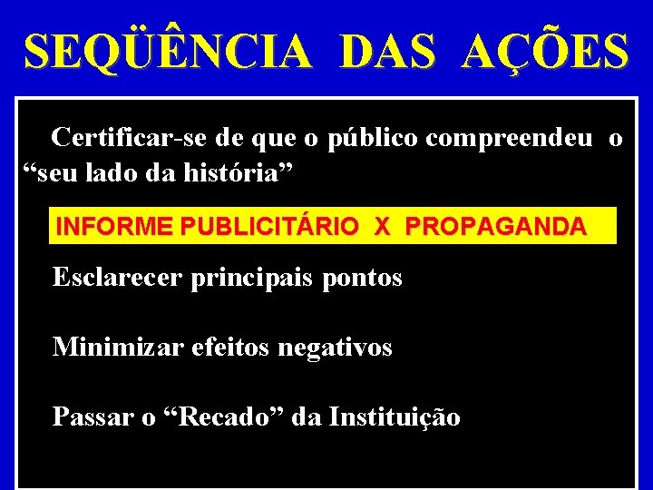 SEQÜÊNCIA DAS AÇÕES Certificar-se de que o público compreendeu o “seu lado da história” SEQÜÊNCIA DAS AÇÕES Certificar-se de que o público compreendeu o “seu lado da história”