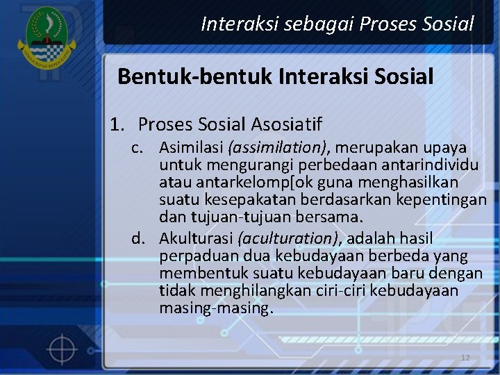 Interaksi sebagai Proses Sosial Bentuk-bentuk Interaksi Sosial 1. Proses Sosial Asosiatif c. Asimilasi (assimilation),