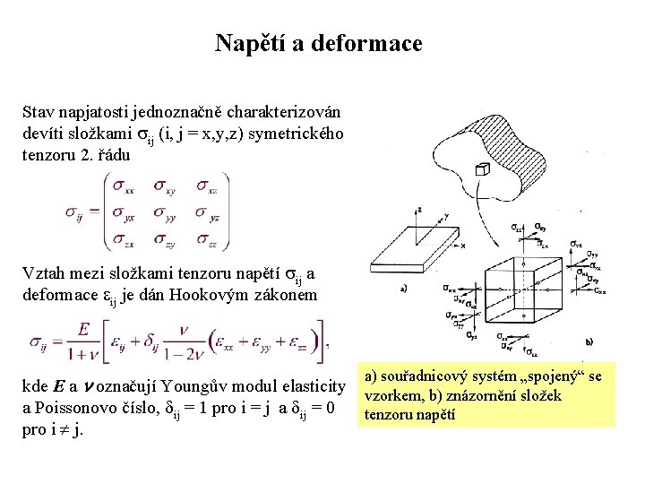 Napětí a deformace Stav napjatosti jednoznačně charakterizován devíti složkami ij (i, j = x,