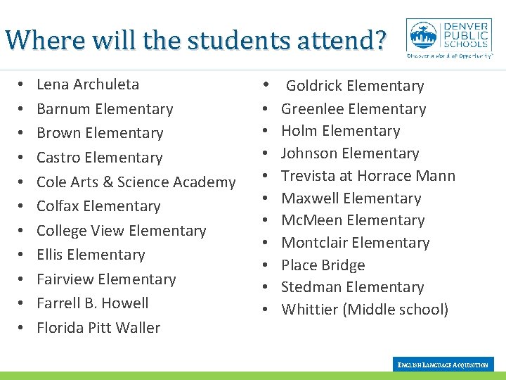 Where will the students attend? • • • Lena Archuleta Barnum Elementary Brown Elementary