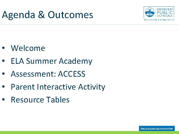 Agenda & Outcomes • • • Welcome ELA Summer Academy Assessment: ACCESS Parent Interactive