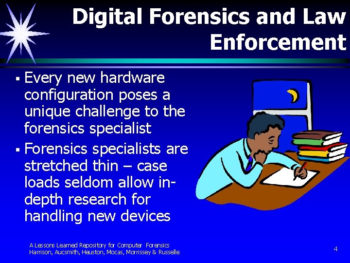 Digital Forensics and Law Enforcement § Every new hardware configuration poses a unique challenge Digital Forensics and Law Enforcement § Every new hardware configuration poses a unique challenge