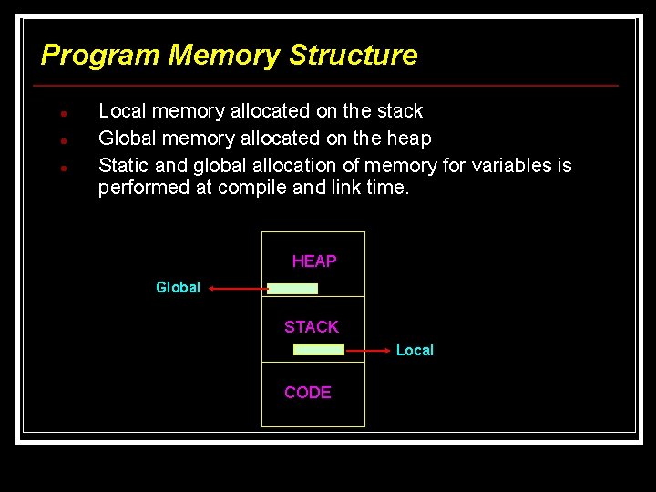 Program Memory Structure Local memory allocated on the stack Global memory allocated on the