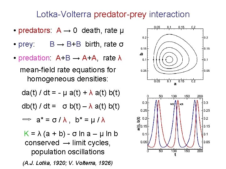 Lotka-Volterra predator-prey interaction • predators: A → 0 death, rate μ • prey: B