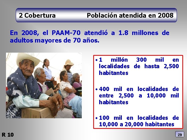 2 Cobertura Población atendida en 2008 En 2008, el PAAM-70 atendió a 1. 8
