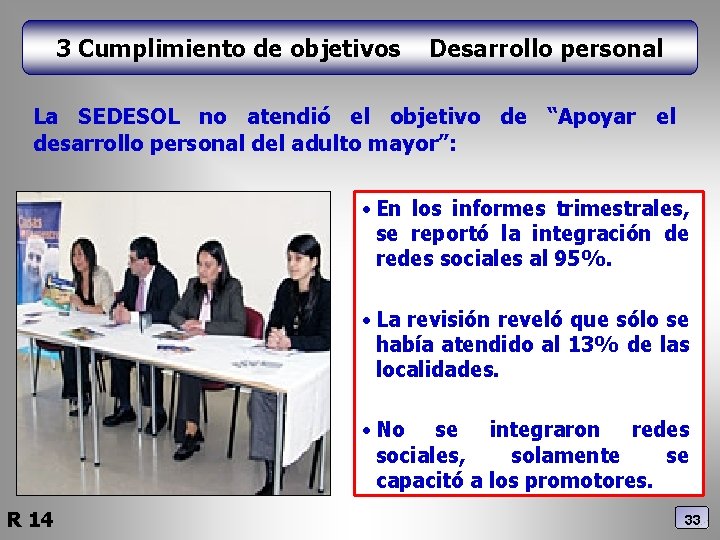 3 Cumplimiento de objetivos Desarrollo personal La SEDESOL no atendió el objetivo de “Apoyar