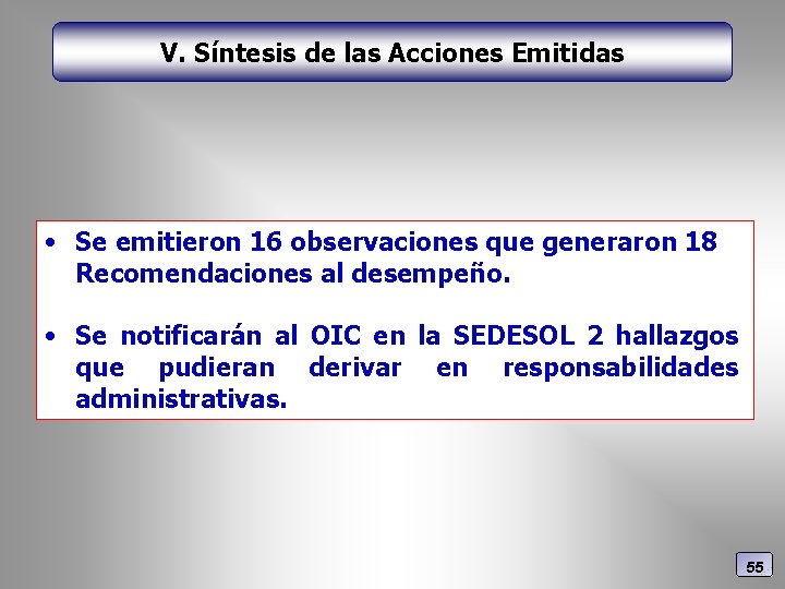 V. Síntesis de las Acciones Emitidas • Se emitieron 16 observaciones que generaron 18
