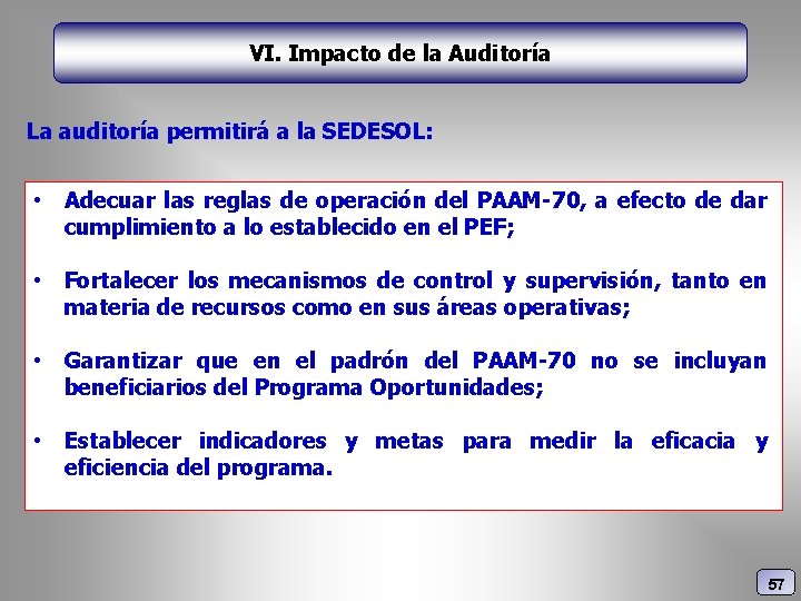 VI. Impacto de la Auditoría La auditoría permitirá a la SEDESOL: • Adecuar las