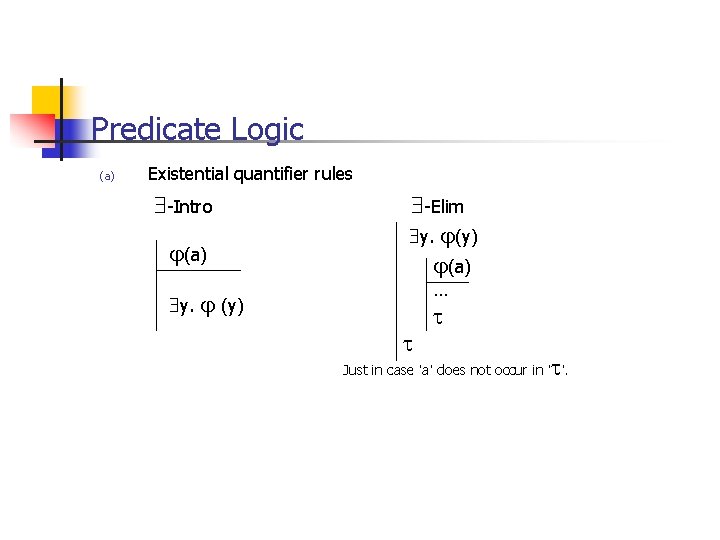 Predicate Logic (a) Existential quantifier rules -Intro (a) -Elim y. (y) (a) … y.