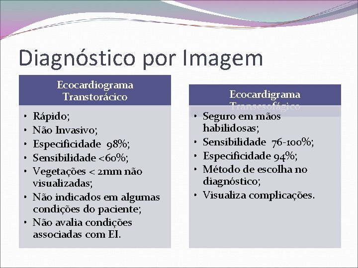 Diagnóstico por Imagem Ecocardiograma Transtorácico • • • Rápido; Não Invasivo; Especificidade 98%; Sensibilidade