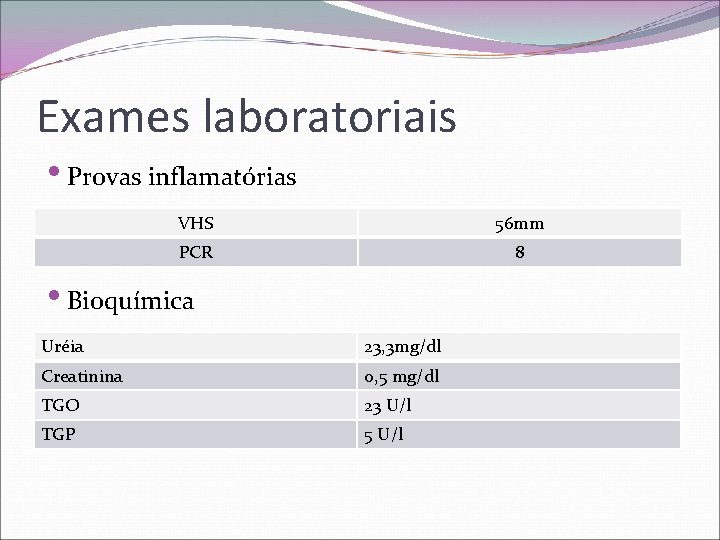 Exames laboratoriais • Provas inflamatórias VHS 56 mm PCR 8 • Bioquímica Uréia 23,