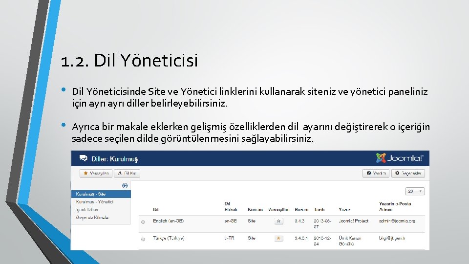 1. 2. Dil Yöneticisi • Dil Yöneticisinde Site ve Yönetici linklerini kullanarak siteniz ve