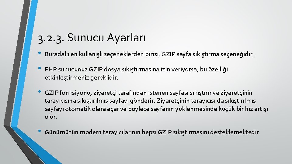 3. 2. 3. Sunucu Ayarları • Buradaki en kullanışlı seçeneklerden birisi, GZIP sayfa sıkıştırma