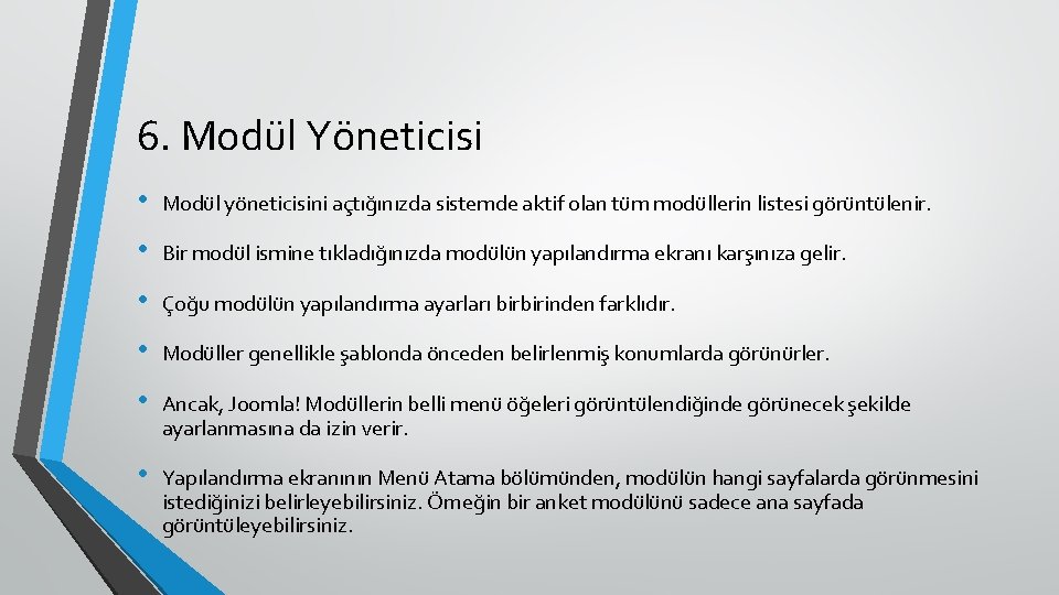 6. Modül Yöneticisi • Modül yöneticisini açtığınızda sistemde aktif olan tüm modüllerin listesi görüntülenir.