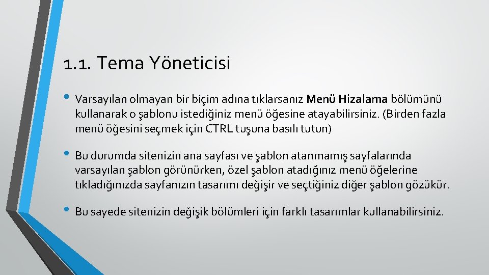 1. 1. Tema Yöneticisi • Varsayılan olmayan bir biçim adına tıklarsanız Menü Hizalama bölümünü