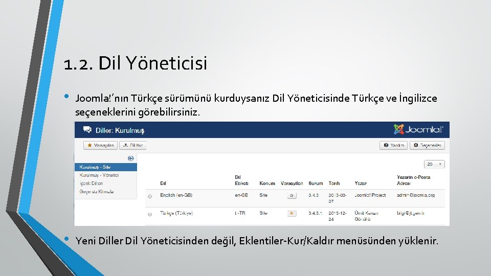 1. 2. Dil Yöneticisi • Joomla!’nın Türkçe sürümünü kurduysanız Dil Yöneticisinde Türkçe ve İngilizce