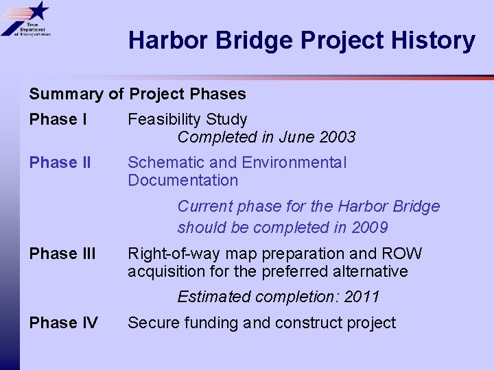 Harbor Bridge Project History Summary of Project Phases Phase I Feasibility Study Completed in