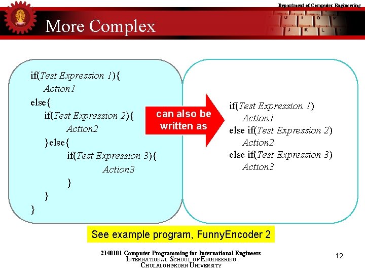 Department of Computer Engineering More Complex if(Test Expression 1){ Action 1 else{ can also