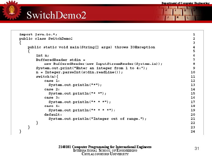 Department of Computer Engineering Switch. Demo 2 2140101 Computer Programming for International Engineers INTERNATIONAL