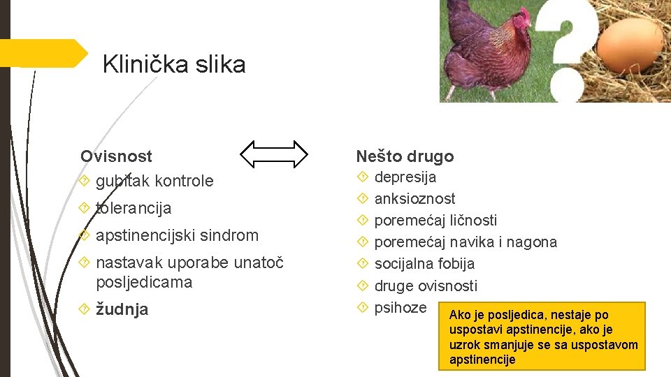 Klinička slika Ovisnost gubitak kontrole tolerancija apstinencijski sindrom nastavak uporabe unatoč posljedicama žudnja Nešto