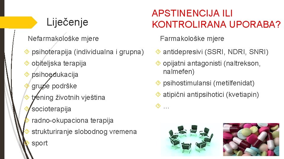  Liječenje Nefarmakološke mjere APSTINENCIJA ILI KONTROLIRANA UPORABA? Farmakološke mjere psihoterapija (individualna i grupna)