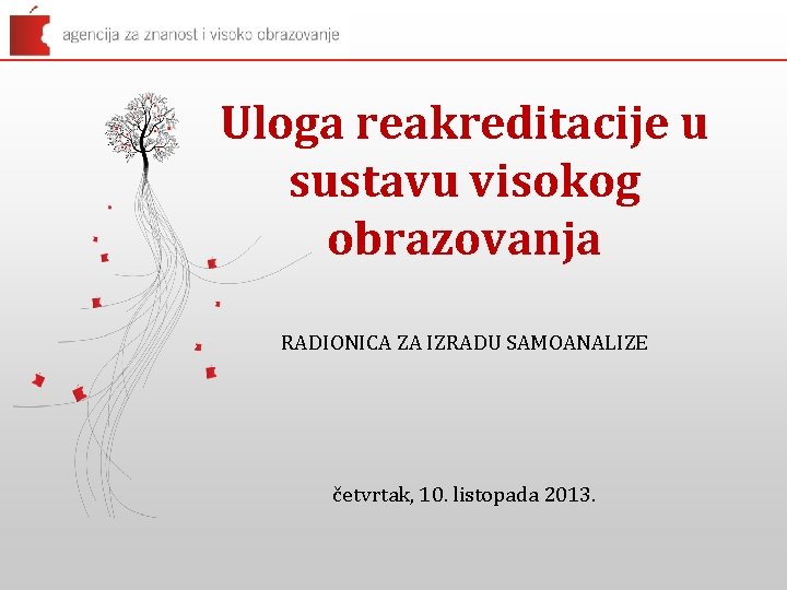 Uloga reakreditacije u sustavu visokog obrazovanja RADIONICA ZA IZRADU SAMOANALIZE četvrtak, 10. listopada 2013.