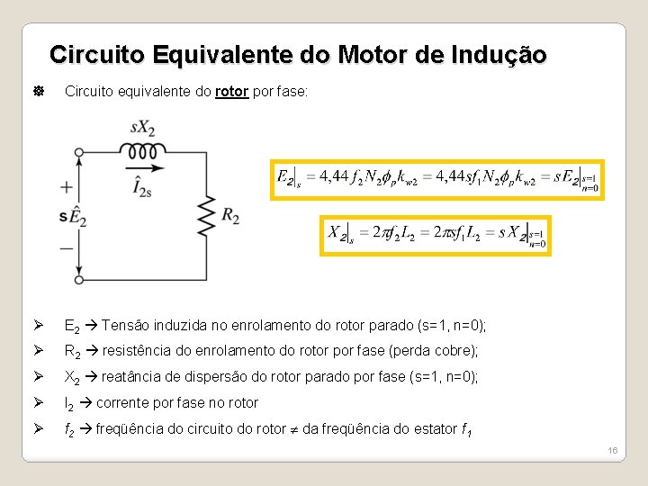 Circuito Equivalente do Motor de Indução Circuito equivalente do rotor por fase: Ø E