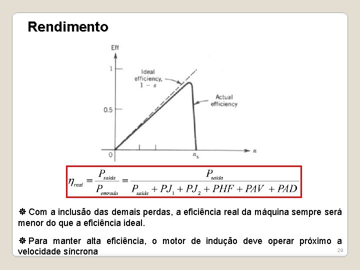 Rendimento Com a inclusão das demais perdas, a eficiência real da máquina sempre será