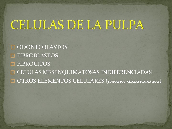 CELULAS DE LA PULPA � ODONTOBLASTOS � FIBROCITOS � CELULAS MESENQUIMATOSAS INDIFERENCIADAS � OTROS CELULAS DE LA PULPA � ODONTOBLASTOS � FIBROCITOS � CELULAS MESENQUIMATOSAS INDIFERENCIADAS � OTROS