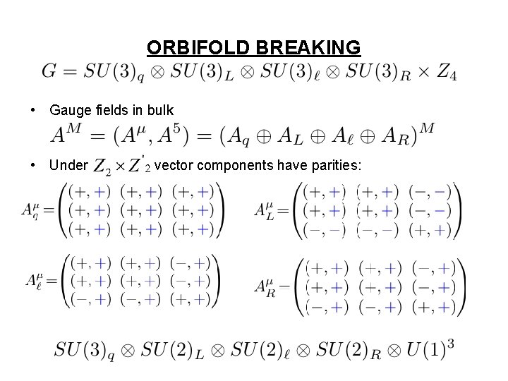 ORBIFOLD BREAKING • Gauge fields in bulk • Under vector components have parities: 