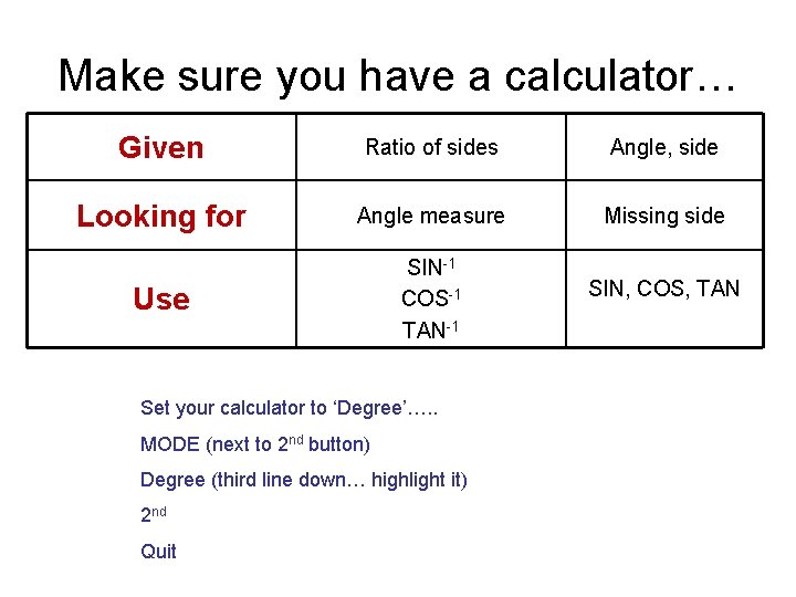 Make sure you have a calculator… Given Ratio of sides Angle, side Looking for