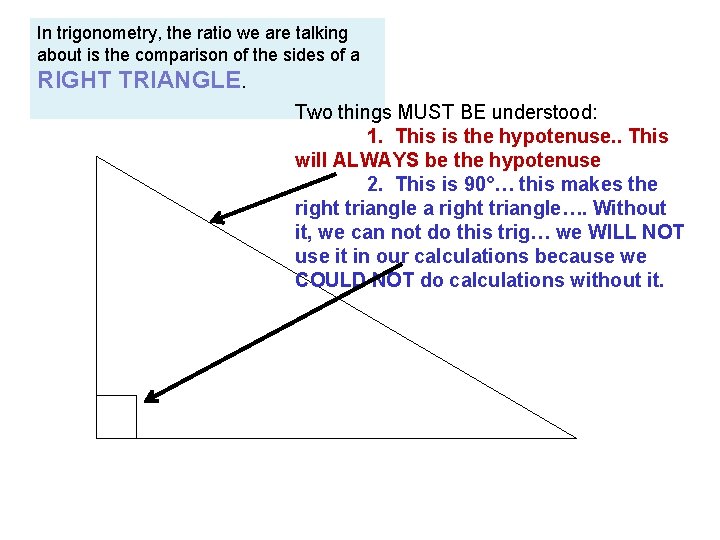 In trigonometry, the ratio we are talking about is the comparison of the sides