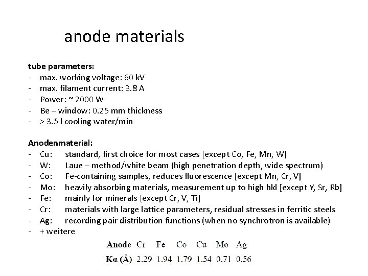 anode materials tube parameters: - max. working voltage: 60 k. V - max. filament