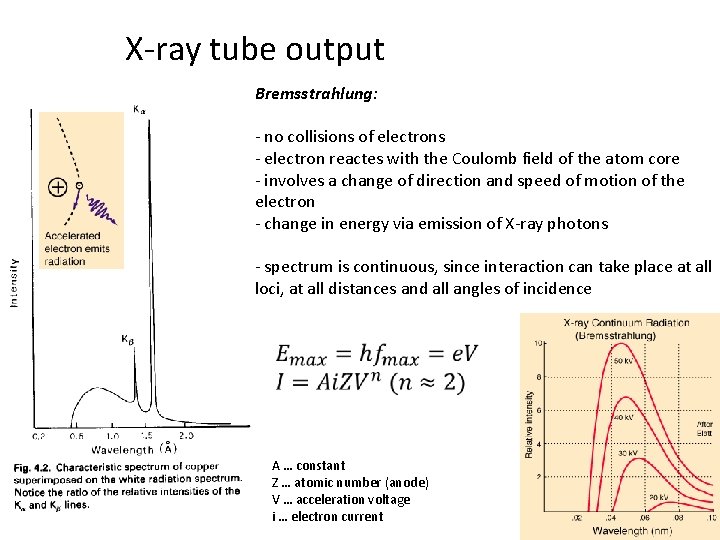 X-ray tube output Bremsstrahlung: - no collisions of electrons - electron reactes with the