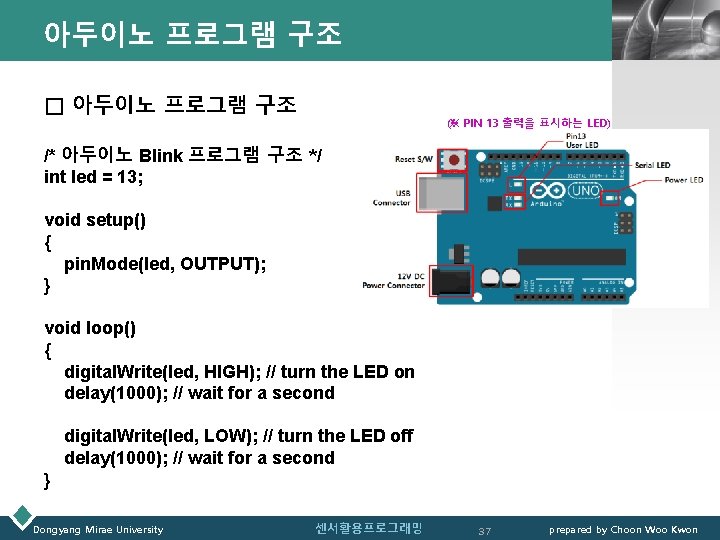 아두이노 프로그램 구조 □ 아두이노 프로그램 구조 LOGO (※ PIN 13 출력을 표시하는 LED)